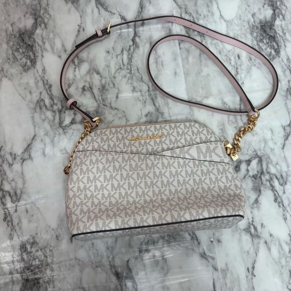 Michael Kors Jet Set Travel Medium Dome Shoulder Crossbody Bag MK Pale Gold NWT